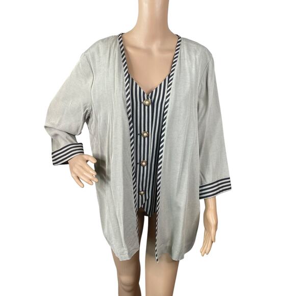Vtg 90s Gray Striped Casual Lagenlook Artsy Layered Vest Jacket Top SZ 16 - Picture 1 of 13